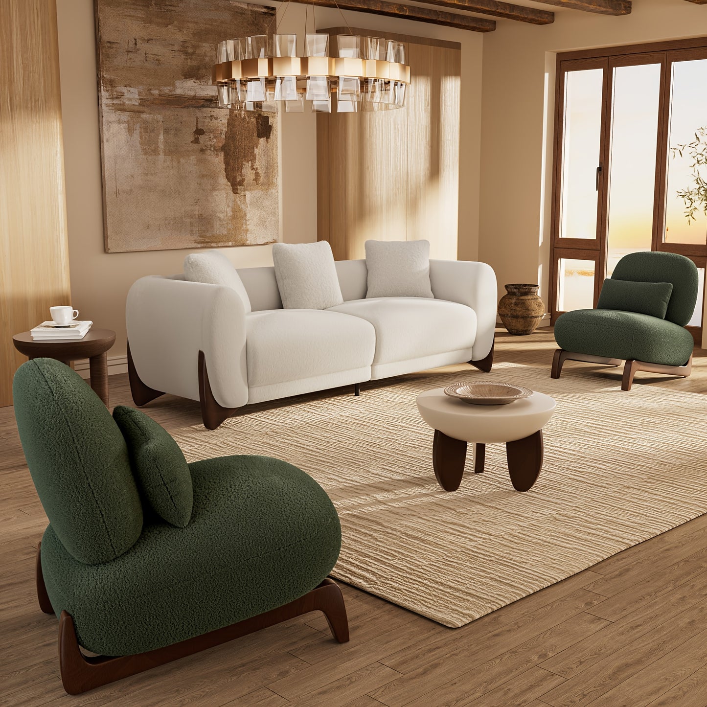 Morden Fort 3pcs Cloud Couch Set, Modern Boucle Sofa Set with Crescent Wood Legs, Light Beige-Friendly Minimalist Upholyster Comfy Couch Sofa for Living Room, 3-Seater And 2 Chairs, Off White\u002FGreen\u002FMix