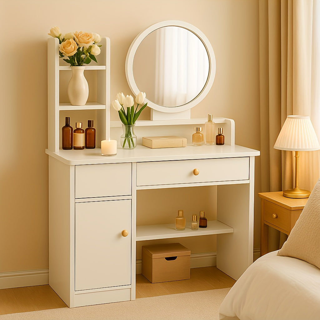 Summer Green Plant Room Multi-Functional Dressing Table, with Drawers, with Mirror, with Stool, Multiple Storage Spaces, Room Decoration Props, Shooting Props, Can Used As a Dressing Table, Desk Or Sideboard, Suitable for Small Bedrooms, Guest Rooms