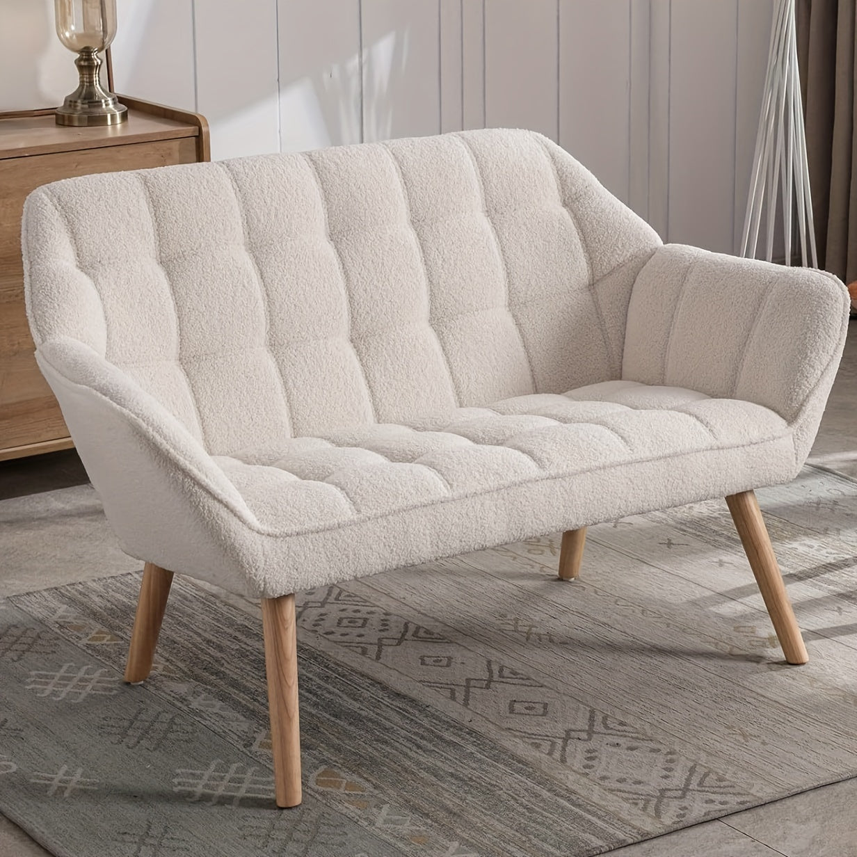 1pc Guyou Small Loveseat for Bedroom 2-Seat Mini Sofa Couch with Wingback and Wood Legs for Living Room Apartment Small Space Fluffy Love Seat, White Sherpa